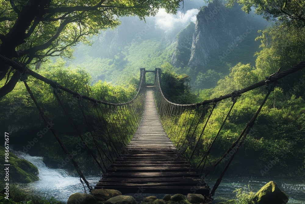 Fototapeta premium Stunning suspension bridge spanning a majestic mountain stream in a scenic landscape