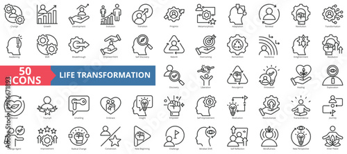 Life transformation icon collection set. Containing change, growth, development, evolution, transition, progress, metamorphosis, adaptation, renewal icon. Simple line vector illustration.