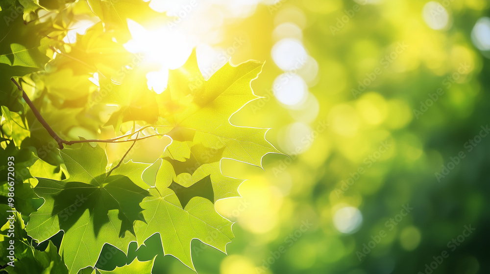 Sunlit Maple Leaves in Green Forest, Tranquil Nature Scene, Warm Glow Sunlit Maple Leaves in Green Forest, Tranquil Nature Scene, Warm Glow