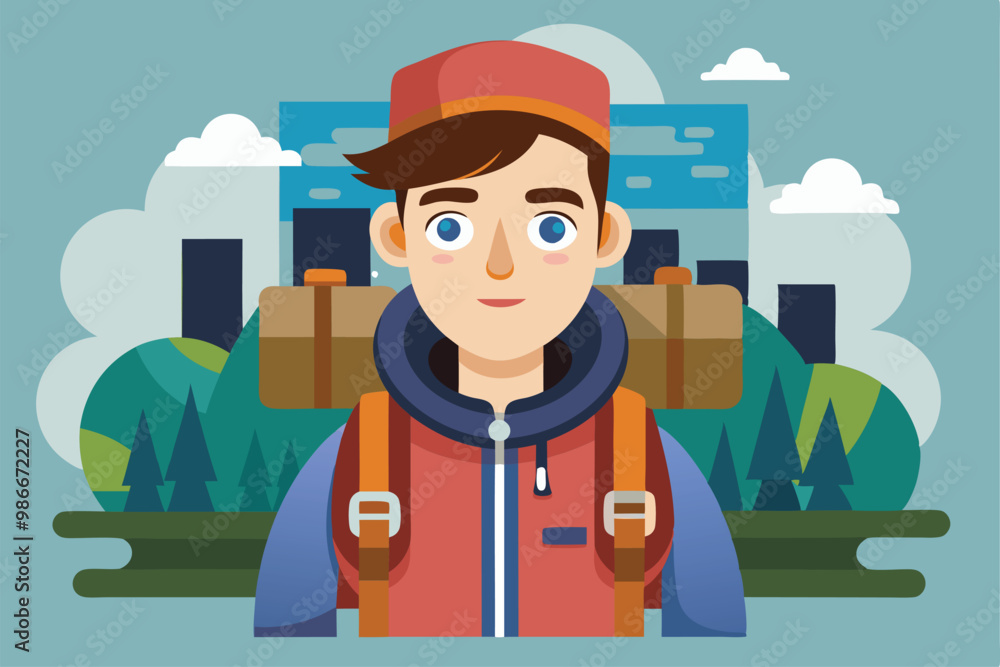 A cheerful backpacker stands ready for adventure with a vibrant landscape and city backdrop, showcasing travel spirit, Customizable backpacker illustration with disproportionate features. A cheerful backpacker stands ready for adventure with a vibrant landscape and city backdrop, showcasing travel spirit, Customizable backpacker illustration with disproportionate features.