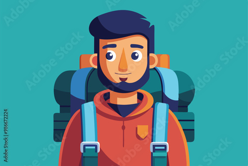 A friendly backpacker character stands smiling, equipped with a large backpack, ready for outdoor exploration, Customizable backpacker illustration with disproportionate features.