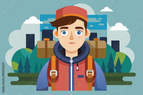 A cheerful backpacker stands ready for adventure with a vibrant landscape and city backdrop, showcasing travel spirit, Customizable backpacker illustration with disproportionate features.