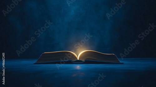 open book with glowing lights, magic fantasy book on blue background