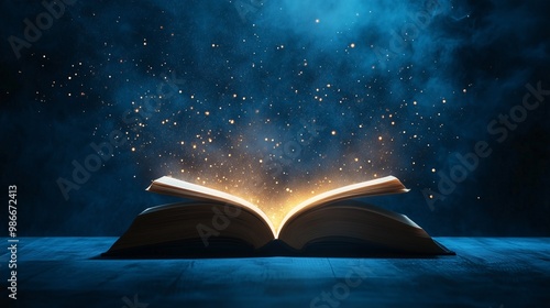 opening magic book with golden glitter lights, fantasy fairytale book photo