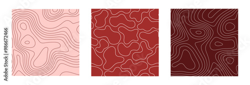 Topographic map red vector patterns set. Abstract amorphous liquid organic design elements. Geography contour landscape, terrain path backgrounds. Mountain hiking trail scheme in lines and contours.
