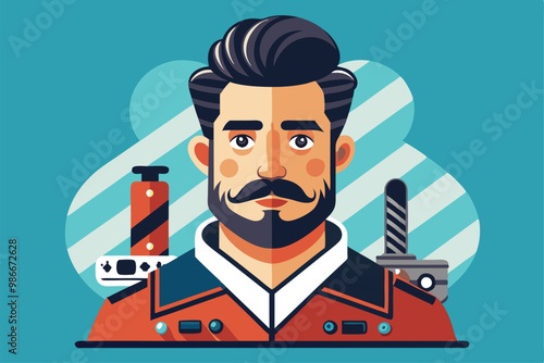 A vibrant illustration of a barber showcasing distinct features and artistic proportions with tools, Customizable barber illustration with disproportionate features.