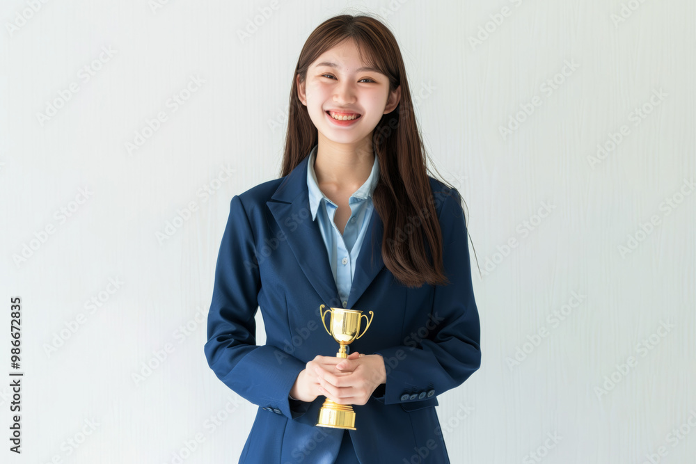 Adorned in stylish blue business attire, a jubilant Japanese girl beams with joy as she proudly holds a gold trophy against a white background. Adorned in stylish blue business attire, a jubilant Japanese girl beams with joy as she proudly holds a gold trophy against a white background.