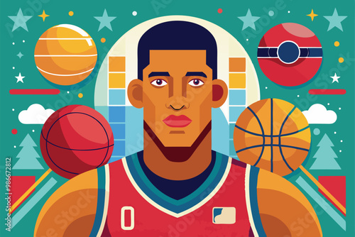 A customizable basketball illustration of a player surrounded by colorful basketballs and playful designs, Customizable basketball with disproportionate illustration.