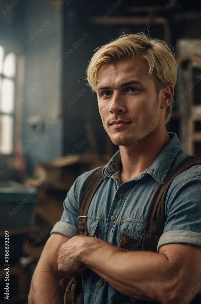 Obraz premium Blond manual worker standing confidently in a workshop, showcasing his skills and dedication to craftsmanship.