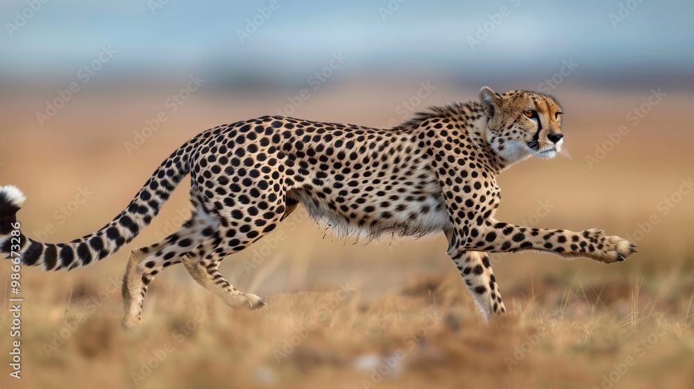Obraz premium A sleek cheetah in mid-sprint across the savannah, its powerful muscles and intense gaze highlighting its incredible speed and agility.