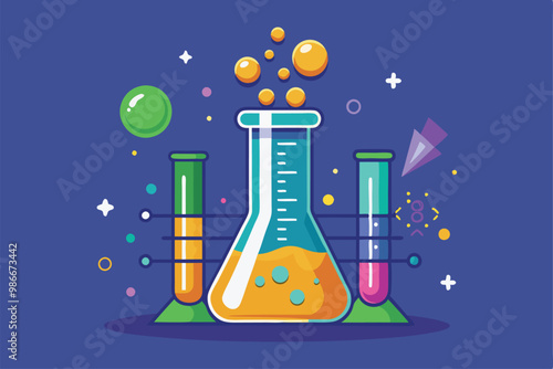 A vibrant illustration depicts beakers filled with colorful liquids and bubbling reactions in a lab, Customizable beaker chemistry illustration is disproportionate.
