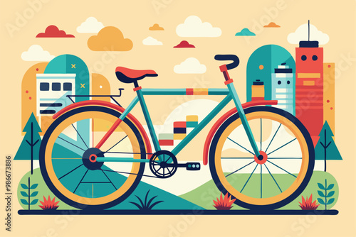 A colorful bike is set against a backdrop of trees and buildings, perfect for travelers seeking adventure, Customizable semi-flat illustration for bike travelers.