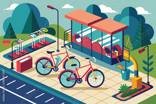 A vibrant bike parking station features customizable spaces and bicycles lined up in a sunny outdoor setting, Customizable bike parking illustration that is disproportionate.
