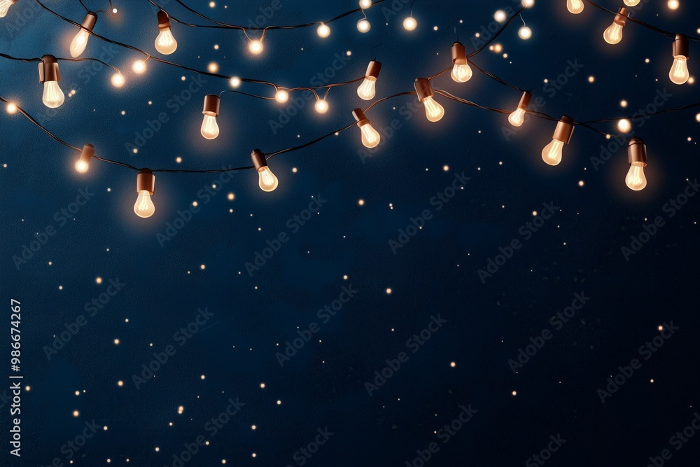 Naklejka premium Vector illustration Christmas lights garland on a dark blue background. Christmas light decoration for a party, festival, or celebration. copy space