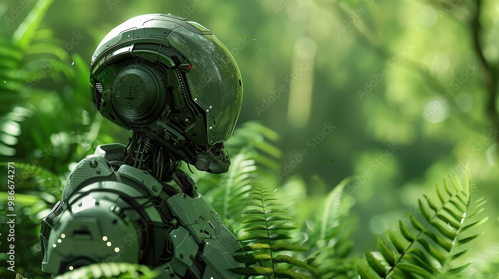 robot in the botanical garden, concept of robotic farmers and automatic growing of food vegetables robot in the botanical garden, concept of robotic farmers and automatic growing of food vegetables