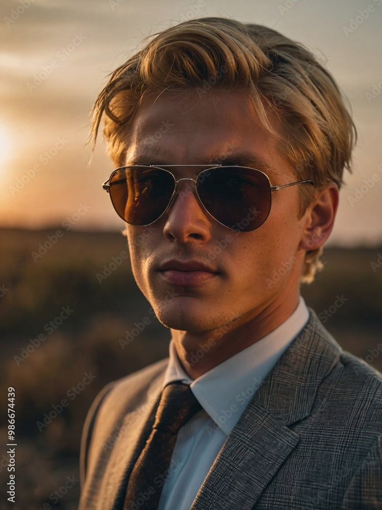Young blond man in a suit wearing sunglasses during sunset in an outdoor setting. Young blond man in a suit wearing sunglasses during sunset in an outdoor setting.