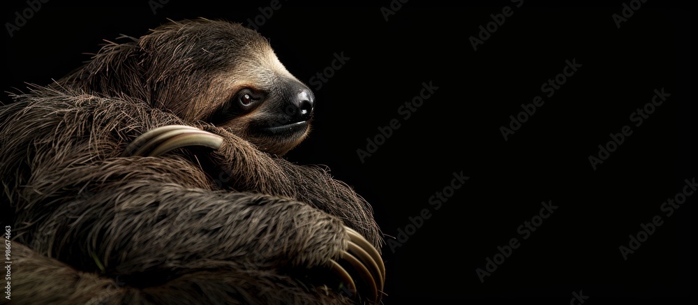Fototapeta premium Cute sloth, Brown Throated Three Toed Sloth on black background