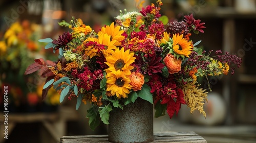 Fototapeta Naklejka Na Ścianę i Meble -  A stunning autumn floral arrangement featuring a mix of sunflowers, chrysanthemums, and fall foliage, displayed in a rustic vase.