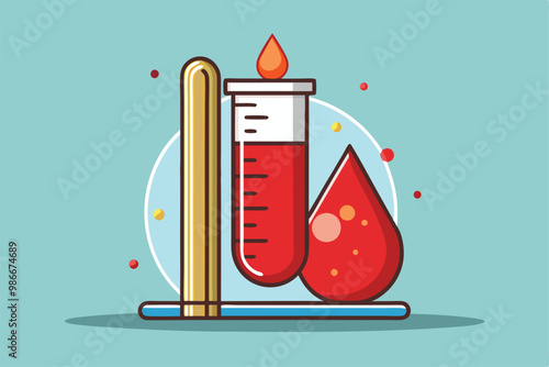 A colorful illustration depicts a test tube filled with red liquid and a droplet, representing blood testing, Customizable blood test illustration that is disproportionate.