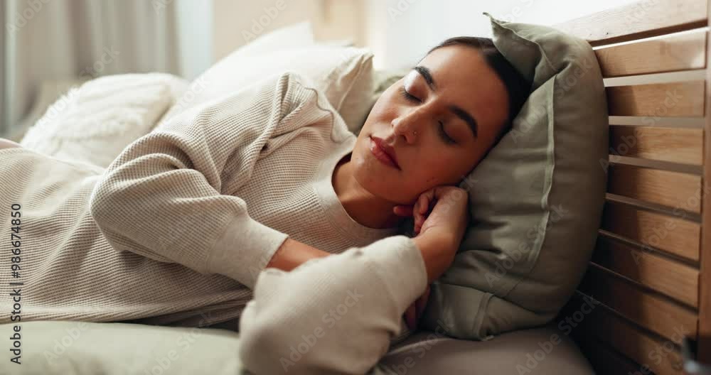 Sleeping, relax and woman on bed, peace and calm in bedroom, pillow and dreaming in apartment and rest. Nap, tired and cozy on mattress, fatigue and chilling in weekend, break or comfortable in house Sleeping, relax and woman on bed, peace and calm in bedroom, pillow and dreaming in apartment and rest. Nap, tired and cozy on mattress, fatigue and chilling in weekend, break or comfortable in house