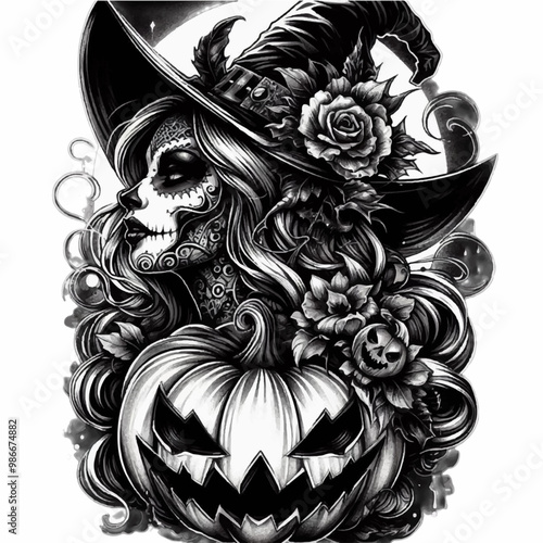 witch with sorceress hat, pumpkin and roses halloween tattoo