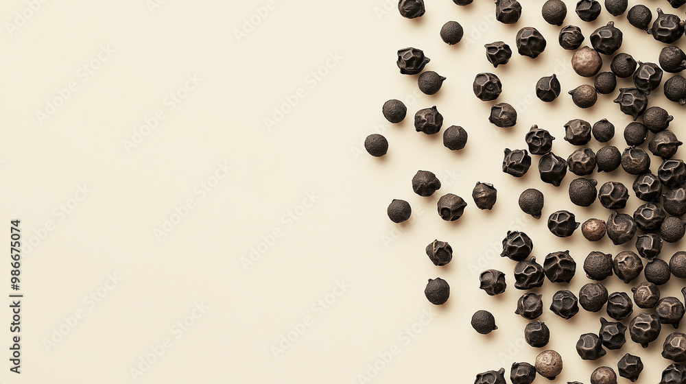 black peppercorns: a loose frame made from whole black peppercorns, scattered casually across a light beige background, the dark, glossy spheres create a bold, textured look black peppercorns: a loose frame made from whole black peppercorns, scattered casually across a light beige background, the dark, glossy spheres create a bold, textured look