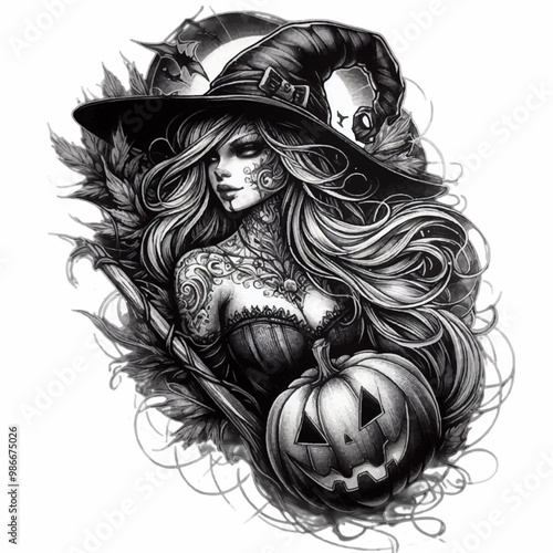 beautiful witch with sorceress hat and pumpkin halloween tattoo