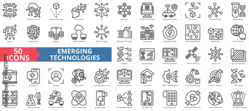 Emerging technologies icon collection set. Containing ai, machine learning, augmented, virtual reality, iot, blockchain, quantum computing, artificial technology icon. Simple line vector illustration.