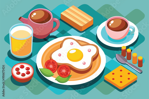 This customizable breakfast layout includes eggs, toast, coffee, juice, and fresh tomatoes arranged neatly, Customizable breakfast illustration