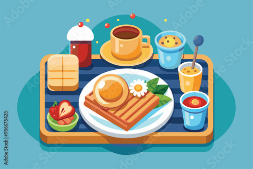 A vibrant tray holds a pancake breakfast with coffee, fruits, and a variety of sweet treats to enjoy, Customizable Semi Flat Illustration for breakfast