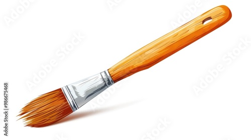 Closeup of a vibrant orange colored wooden paintbrush with visible individual bristles against a plain white background highlighting the craftsmanship and texture of the tool photo