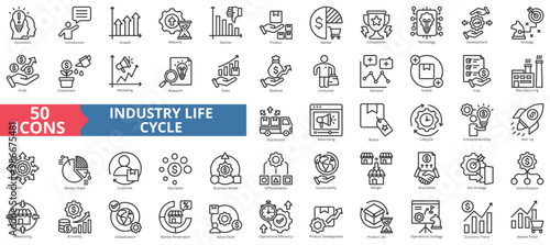 Industry life cycle icon collection set. Containing innovation, introduction, growth, maturity, decline, product, market, competition, technology icon. Simple line vector illustration.
