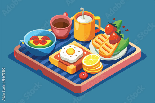 Enjoy a delicious customizable breakfast featuring eggs, pancakes, fruits, and coffee on a stylish tray, Customizable Semi Flat Illustration for breakfast