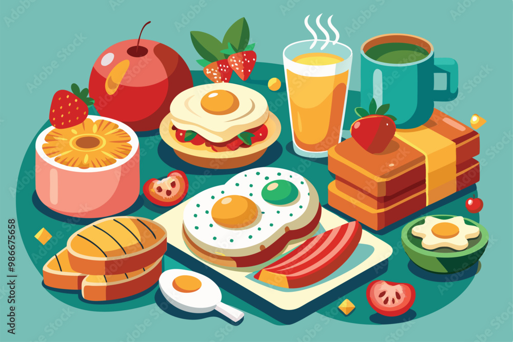 A delightful brunch setup showcasing different customizable meals and drinks, perfect for a cheerful gathering, Customizable brunch food with disproportionate illustration. A delightful brunch setup showcasing different customizable meals and drinks, perfect for a cheerful gathering, Customizable brunch food with disproportionate illustration.