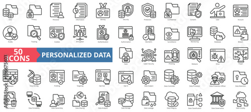 Personalized data icon collection set. Containing privacy, personal, information, identity, security, protection, confidential icon. Simple line vector illustration.