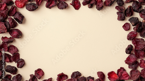 dried bayberry fruit: a frame made from dried bayberry fruit, scattered vibrantly over a light cream background, the rich red and deep purple hues of the fruit create a bold, striking aesthetic photo