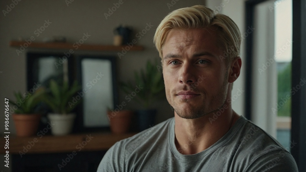 Handsome muscular blond man looking away thoughtfully while relaxing indoors surrounded by plants on a sunny day. Handsome muscular blond man looking away thoughtfully while relaxing indoors surrounded by plants on a sunny day.
