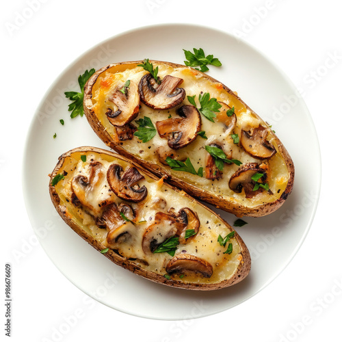 Plate of Baked Potato with Cheese and Mushrooms on a Transparent Background 