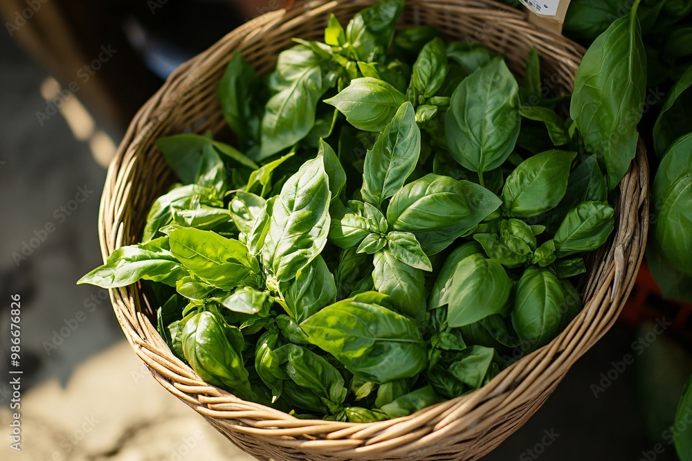 Fresh Basil in a Wicker Basket