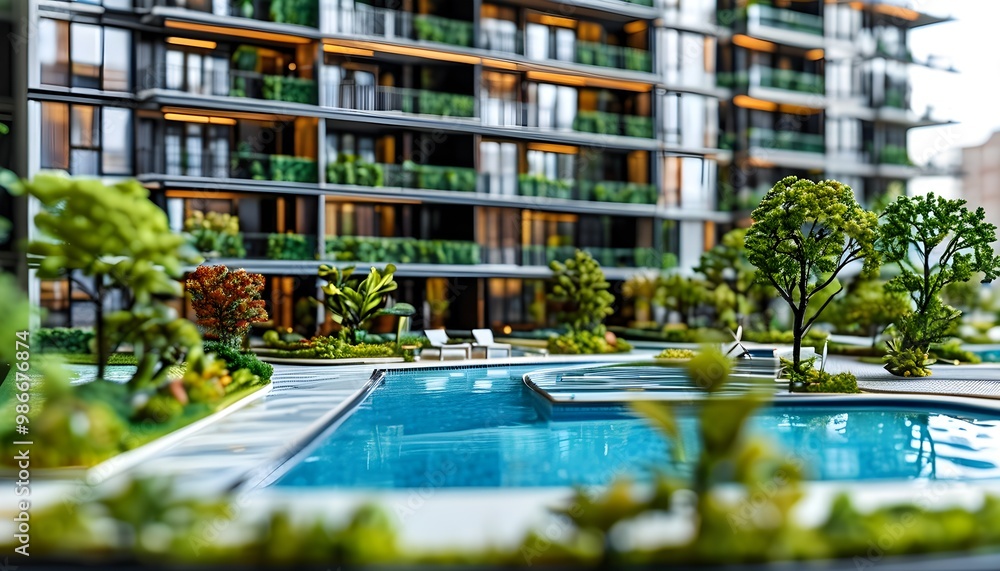 Stylish model of a contemporary apartment complex featuring a pool and ...