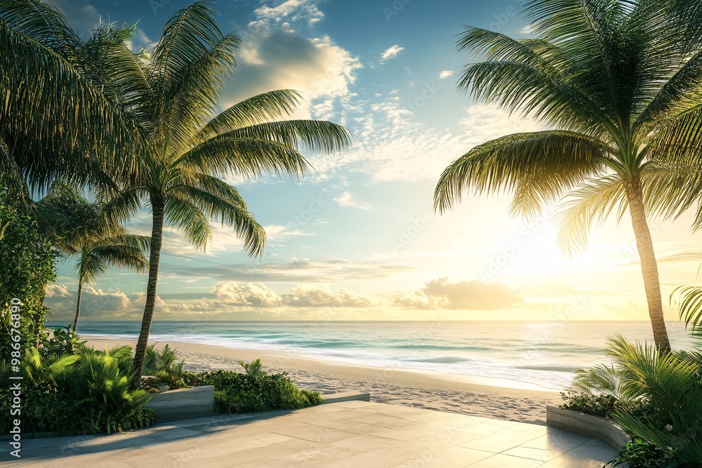 Fototapeta premium Tropical Beach Sunset with Palm Trees
