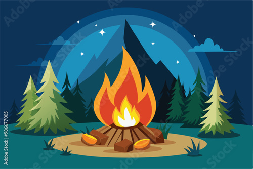 A cozy campfire burns brightly in a wooded area, with towering trees and mountains in the night sky, Customizable campfire illustration