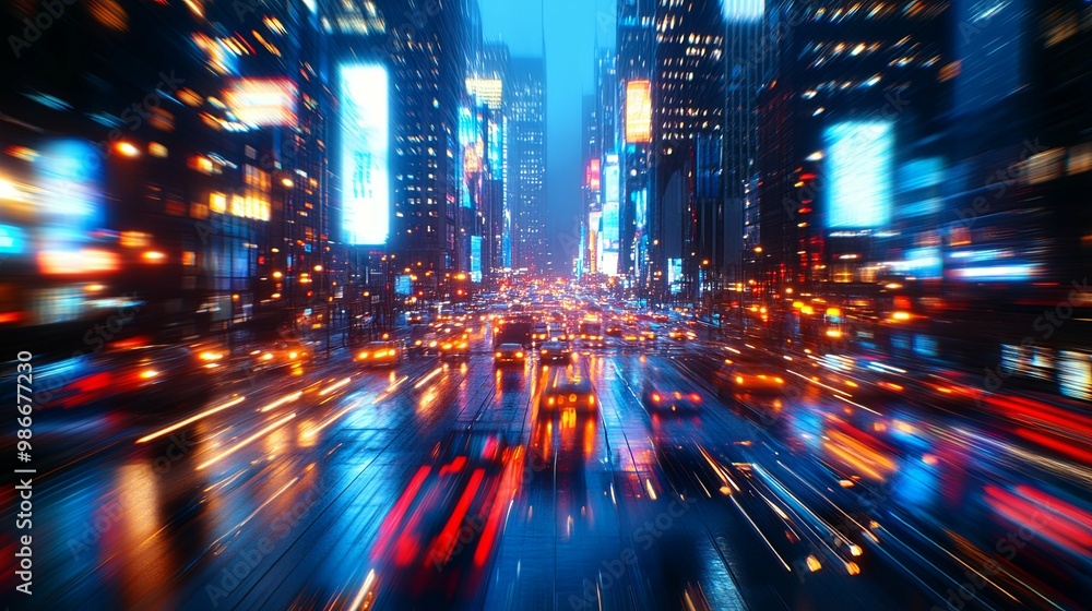 Blurred Cityscape with Neon Lights and Traffic Streaks Blurred Cityscape with Neon Lights and Traffic Streaks