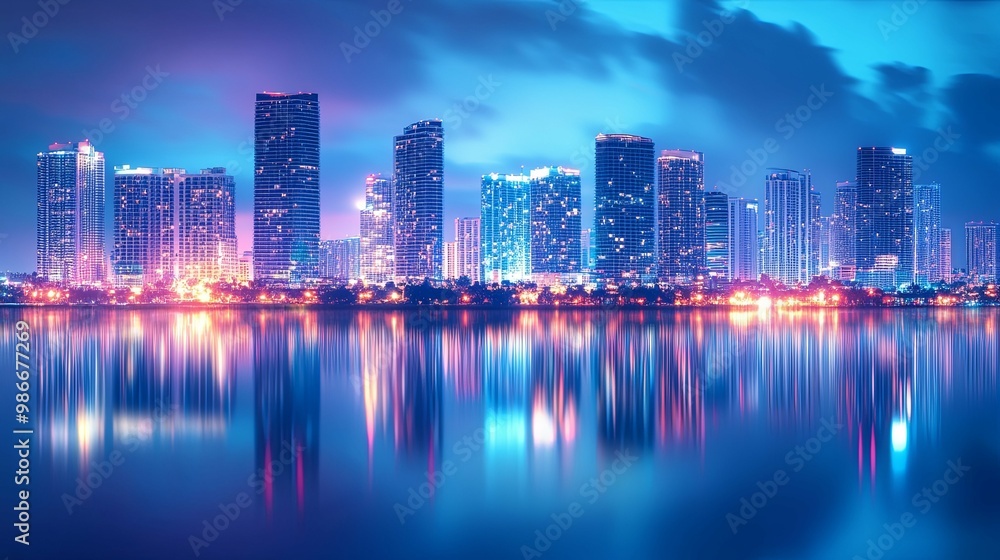 Obraz premium Miami Skyline at Night with Reflections in Water