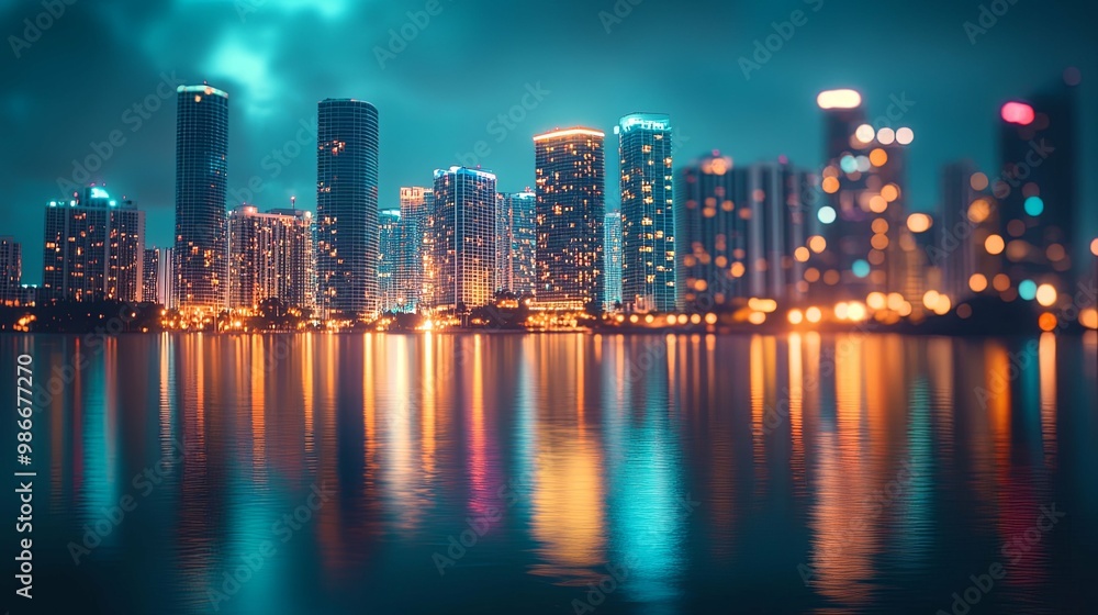 Fototapeta premium Nighttime City Skyline Reflected in Still Water