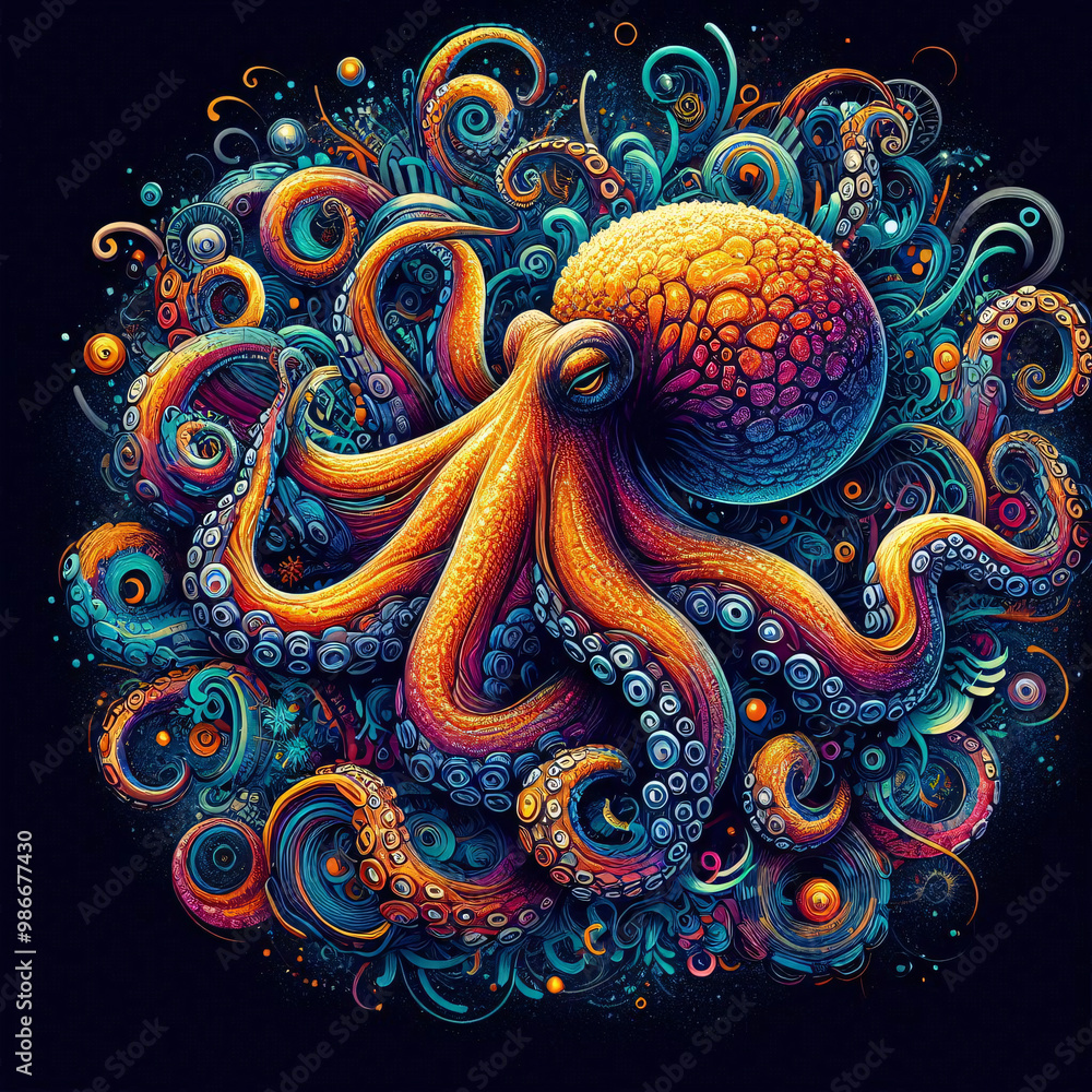 A vibrant octopus, intricately detailed with swirling patterns and vibrant colors, stands out against a black background A vibrant octopus, intricately detailed with swirling patterns and vibrant colors, stands out against a black background