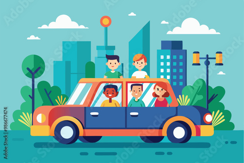A colorful illustration shows friends happily carpooling in a city, surrounded by greenery and buildings, Customizable carpool illustration