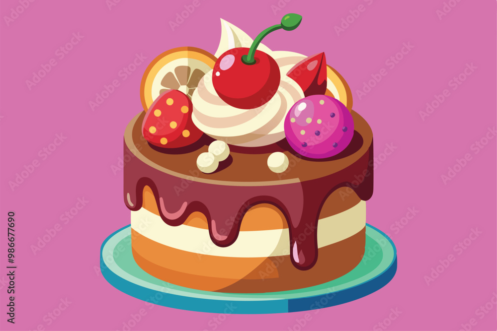 A delightful cartoon ice cream cake topped with fruits, whipped cream, and candy treats looks inviting, Customizable cartoon ice cream cake illustration. A delightful cartoon ice cream cake topped with fruits, whipped cream, and candy treats looks inviting, Customizable cartoon ice cream cake illustration.