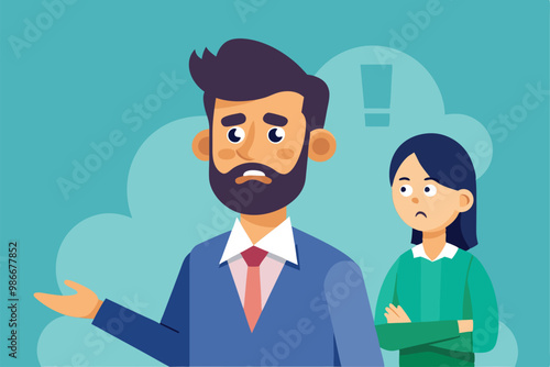 A man gestures as he explains something, while a woman stands nearby, appearing doubtful and uninterested, Customizable cartoon illustration about mansplaining.