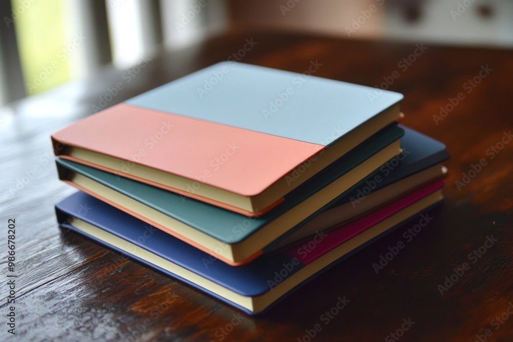A Stack of Four Colorful Bound Books on a Wooden Table A Stack of Four Colorful Bound Books on a Wooden Table